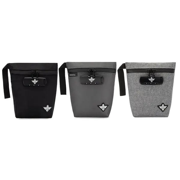 The Erozul Orion Smell Proof Bag With Combination Lock 7 by Erozul features water-resistant rectangular storage in black, dark gray, and light gray with zipper closure, carrying strap, and a small logo patch at the bottom.